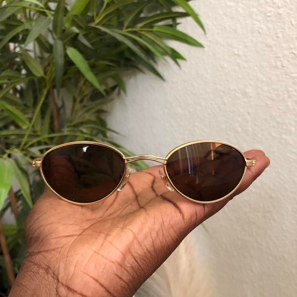 Accessories - 90s Y2K Retro Preppy Academia Gold Brown oval round metal sunglasses indie boho